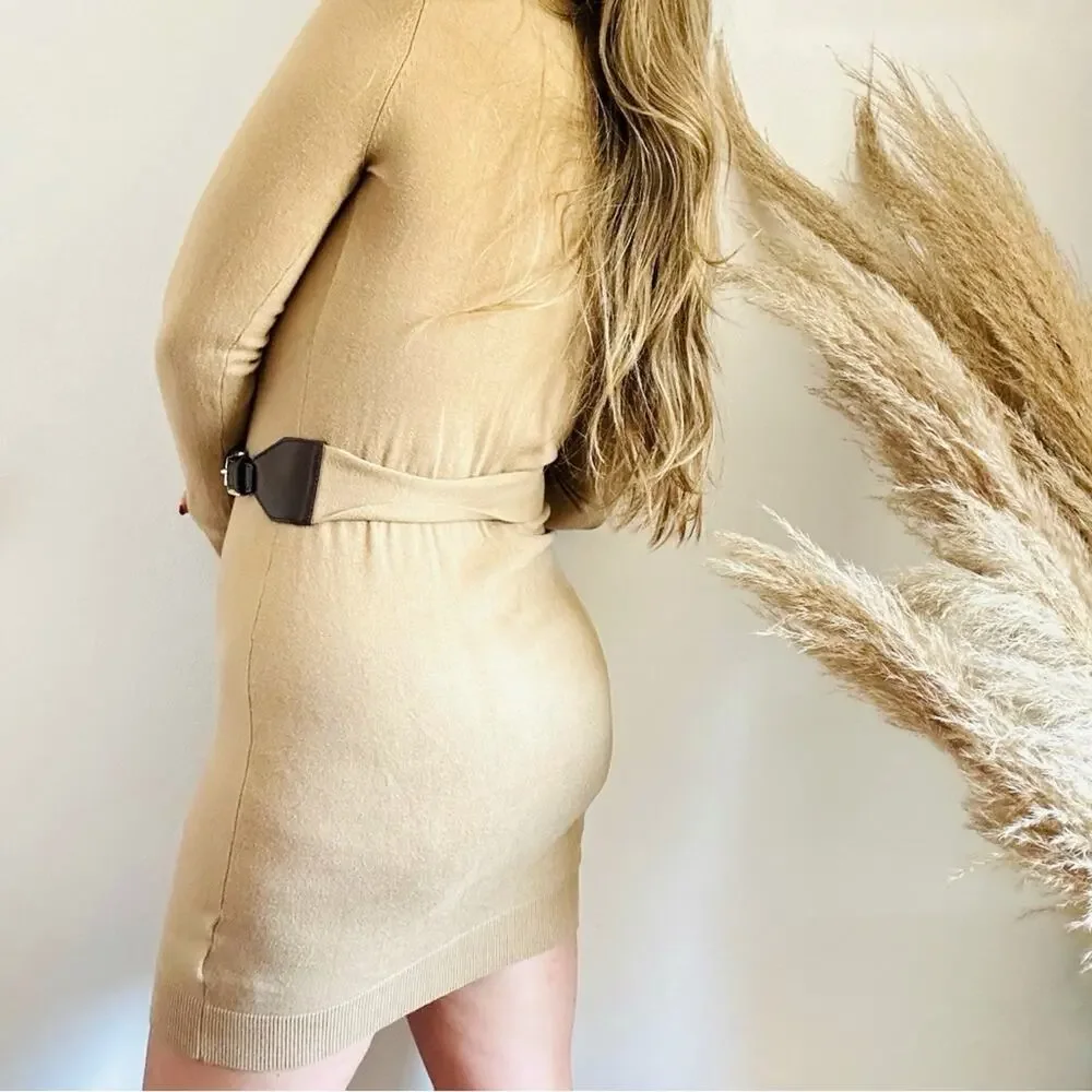 MK MICHAEL KORS Cream Tan Brown Leather Buckle Belt Cowl Neck Sweater Dress S